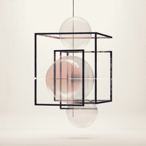 semi-transparent spheres hanging in space among cube-shaped frames